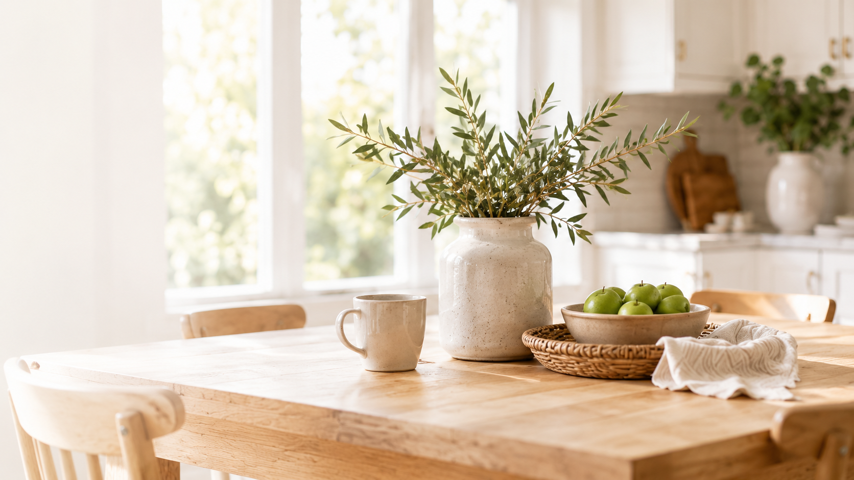 Bright kitchen table with olive branches, mug, and healthy home details