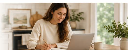 Woman at a kitchen table writing notes on a laptop