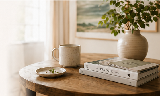 Calm home table with mug, books, and greenery